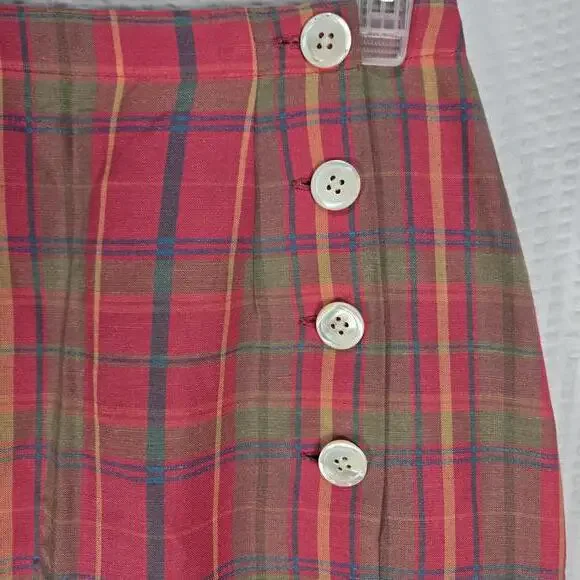 GAP Vintage Plaid Linen Maxi Skirt Red Pink Yellow Button Side Split Size 6 - Picture 3 of 9